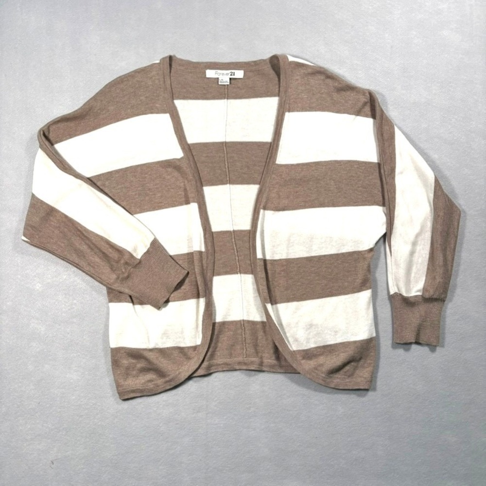 Forever 21 Striped Cardigan Large‎ Tan White Open Front Neutral Coastal Minimal